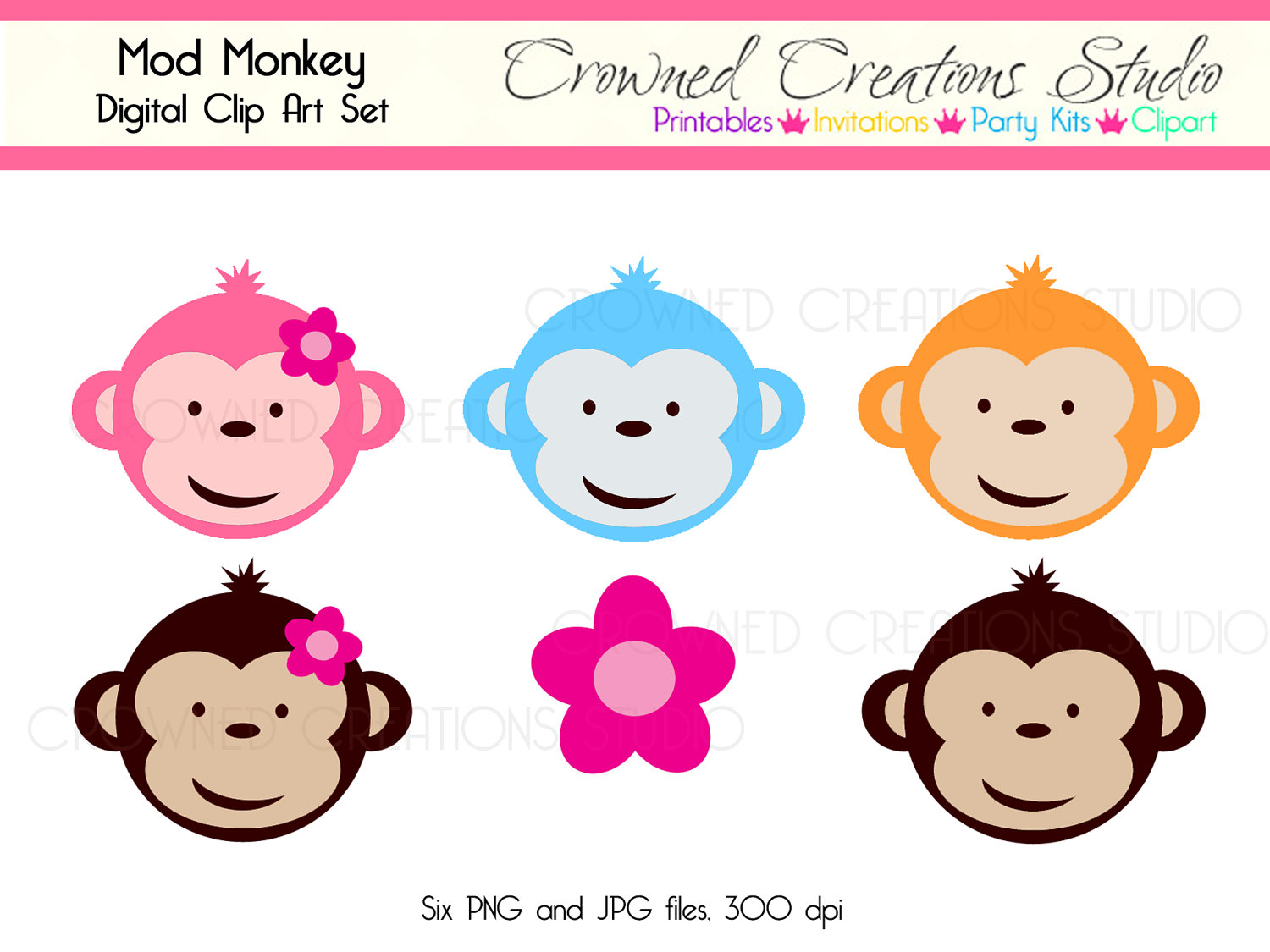 Mod Monkey Clip Art Set With Pink Flower By Crownedcreations