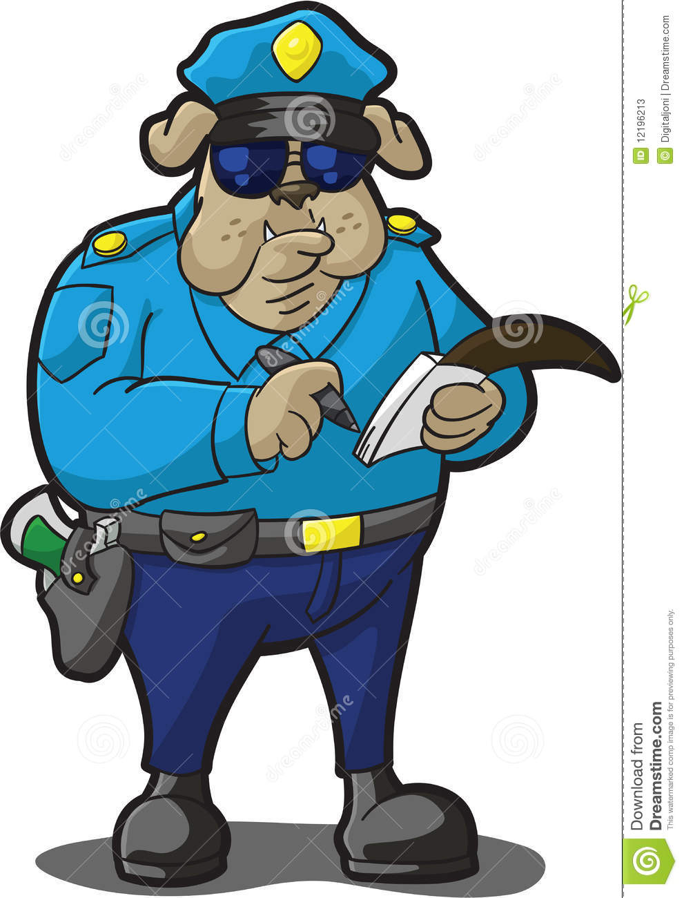Cartoon Illustration Of A Bulldog In Police Uniform Writing Ticket