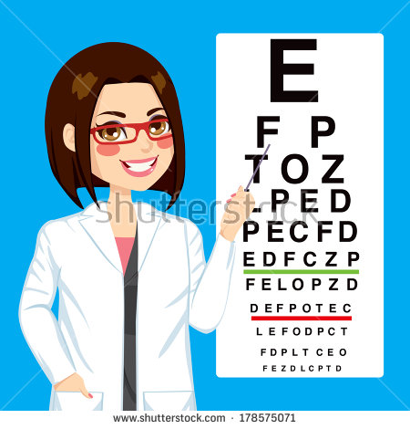 Optometrist Woman Pointing To Snellen Test Vision Chart   Stock Photo