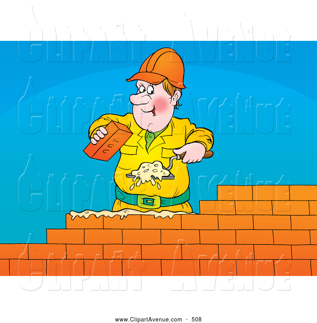 Brick Layer Using A Trowel To Spread Mortar While Laying A Brick Wall