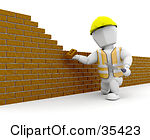 Clipart Illustration Of A White Character Putting Up A Brick Wall With
