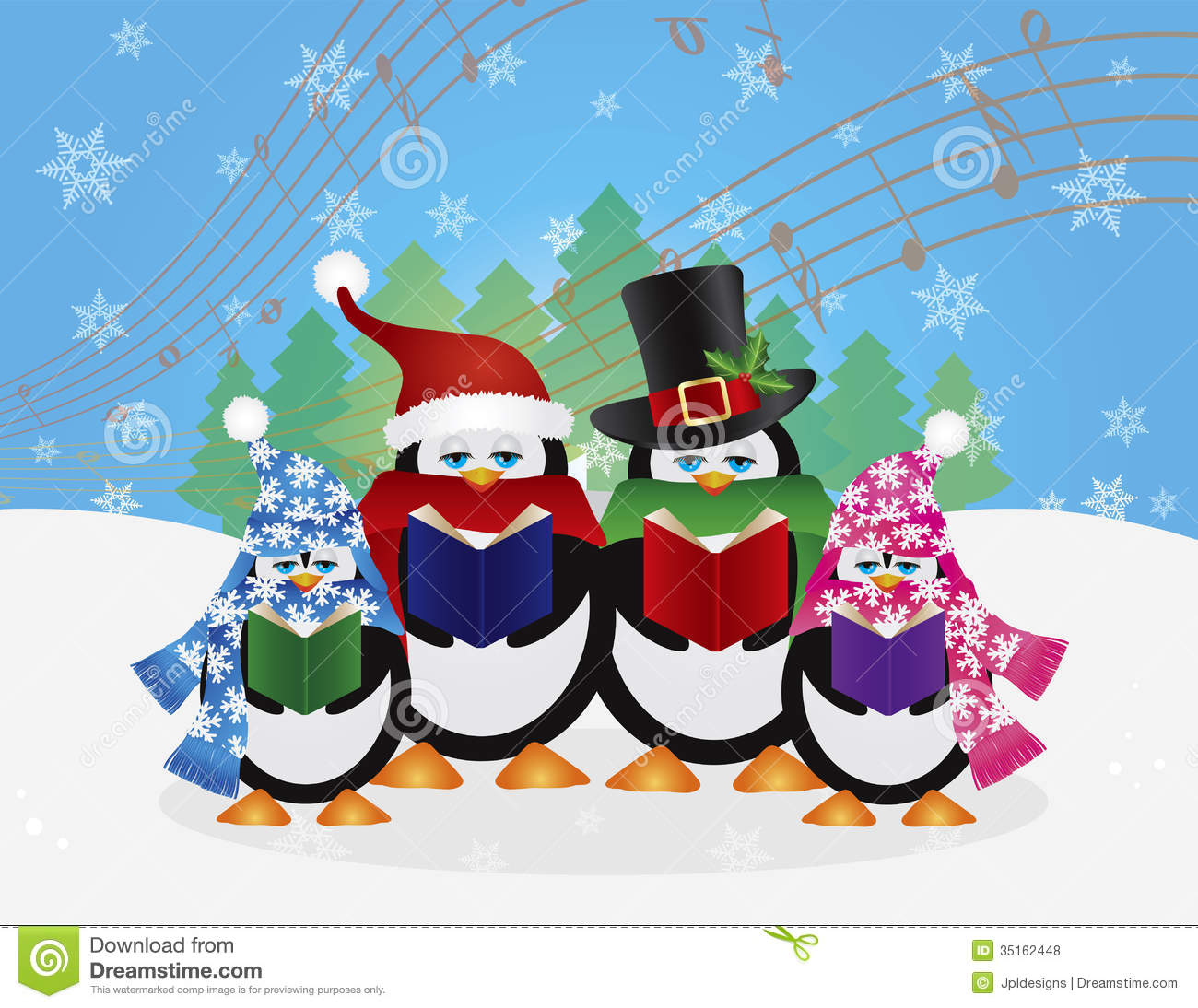 Penguins Christmas Carolers Snow Scene Illustration Royalty Free Stock