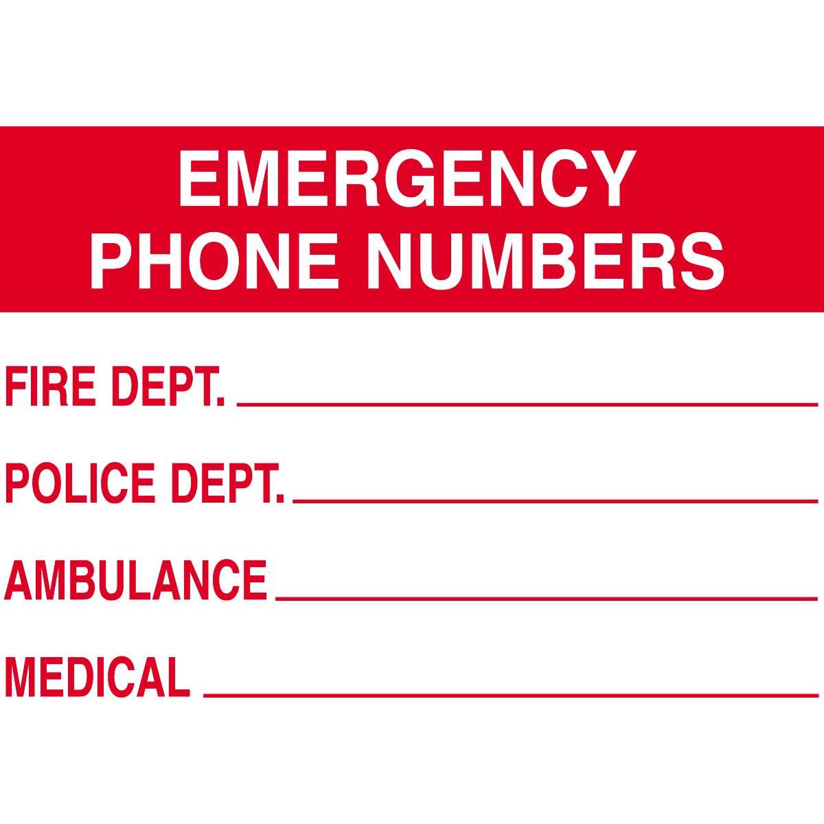 Emergency Phone Numbers Sign   Gempler S