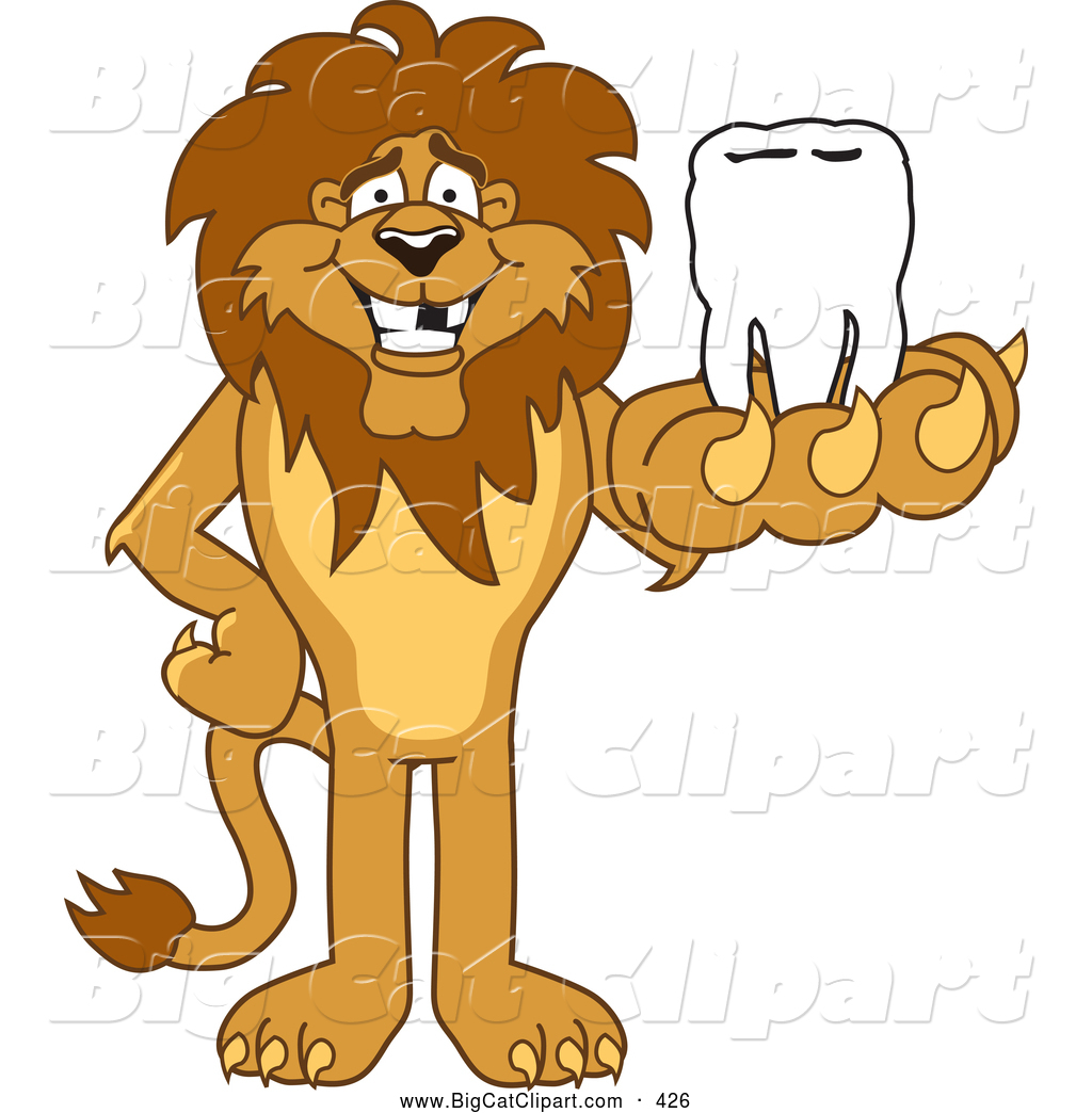 Lion Character Mascot Holding A Tooth In His Paw Lion Character Mascot