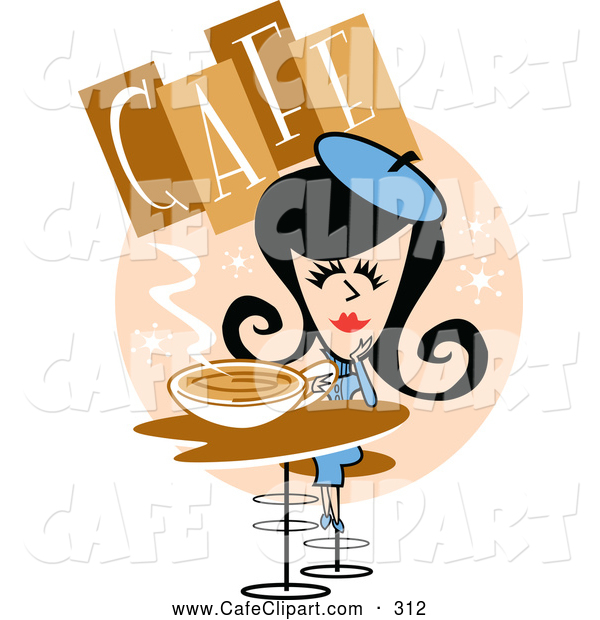 Vector Clip Art Of A Smiling Retro Woman Drinking Coffee In A Cafe By
