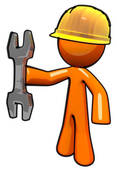 3d Orange Maintenance Man With Wrench And Hard Hat   Clipart Graphic