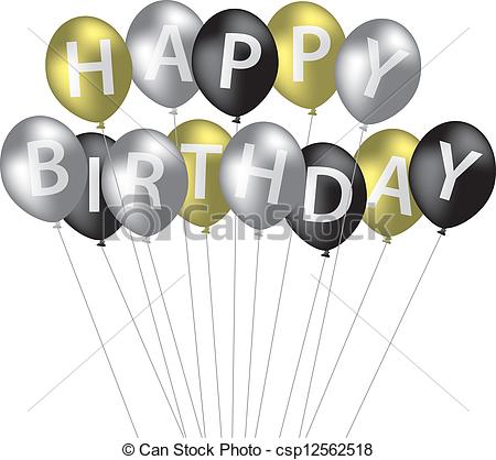 Vector Clip Art Of Happy Birthday   Silver Gold And Black Balloon