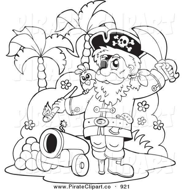 Vector Clip Art Of A Lineart Pirate On An Island With A Cannon