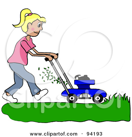 Clipart Illustration Of A Silhouetted Boy Mowing A Lawn With A Mower