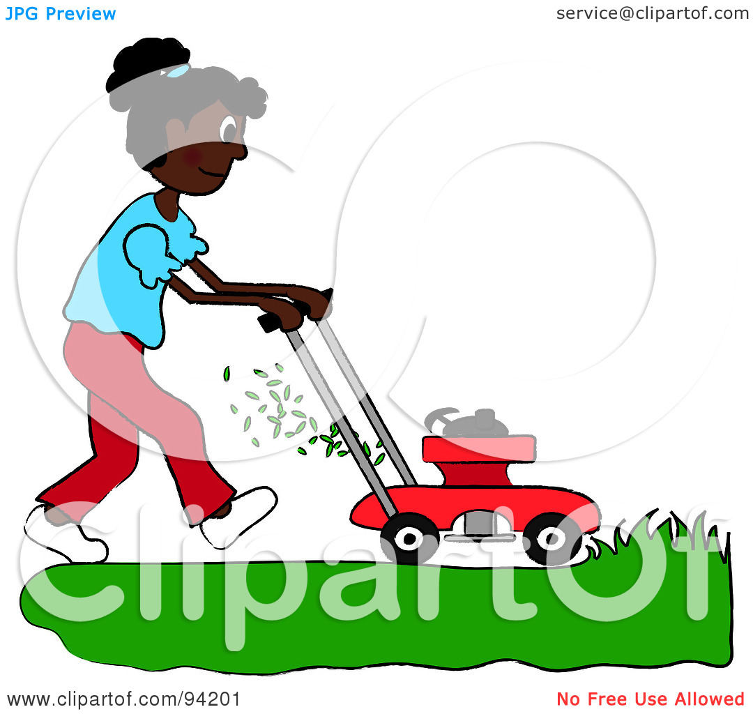 Clipart Illustration Of An African American Girl Mowing A Lawn With A