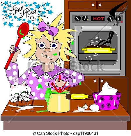 Vectors Of The Frazzled Cook   A Frazzled Lady Is Making A Mess In The