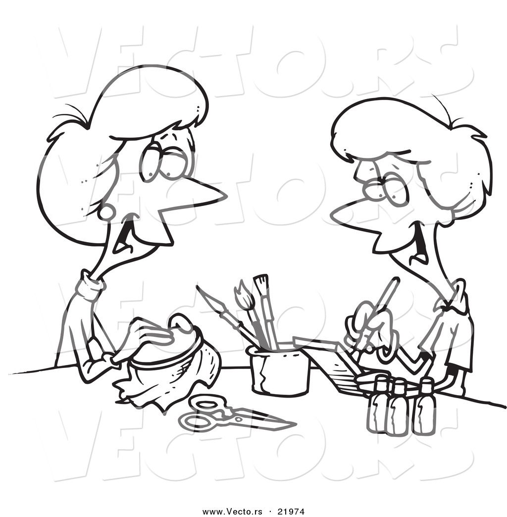 Cartoon Black And White Outline Design Of Women Doing Crafts