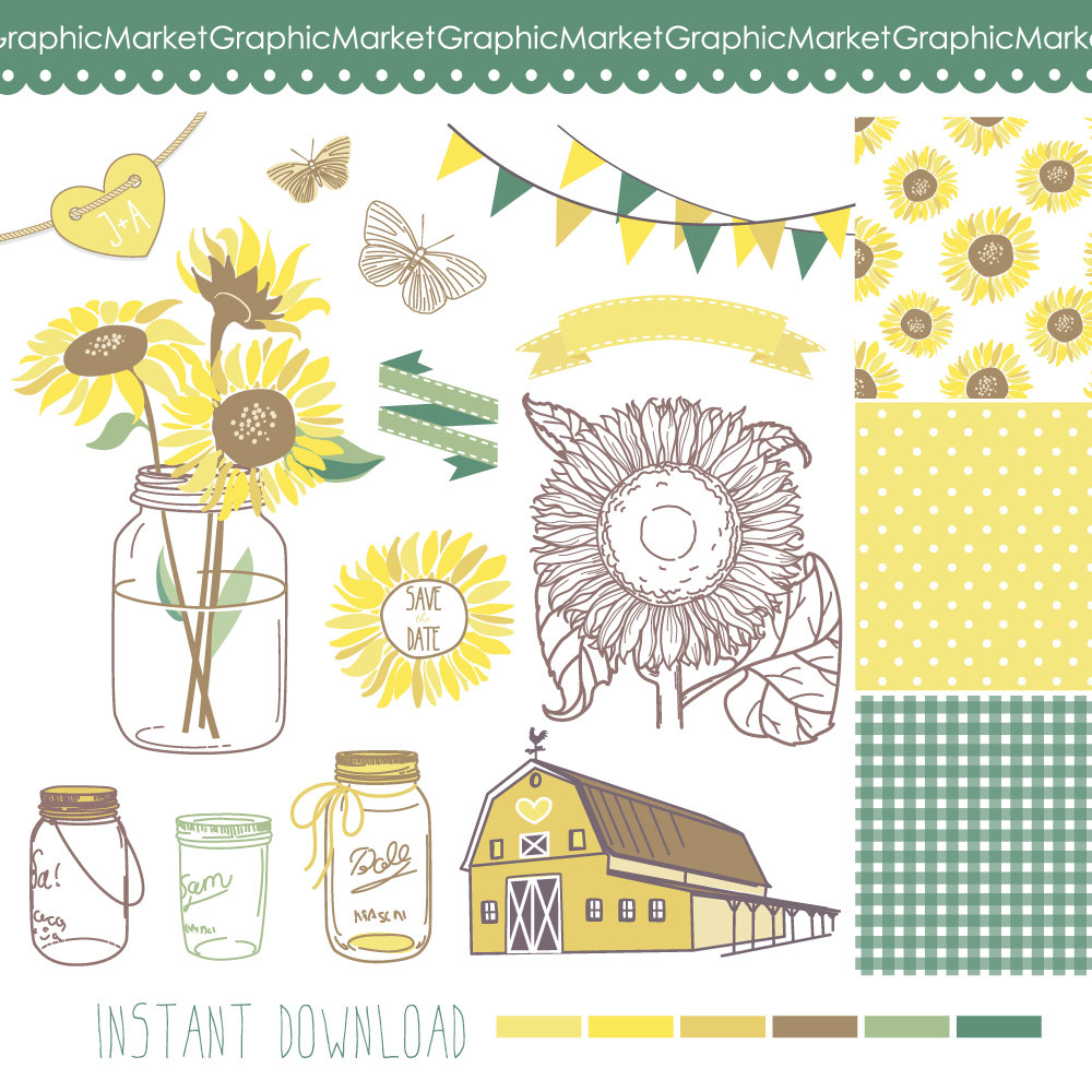 Sunflowers Mason Jars And Digital Papers Clip By Graphicmarket