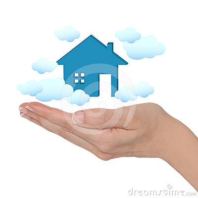 Female Hand And Dream House With Clouds On White Background