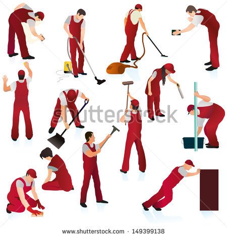 Big Set Of Thirteen Professional Cleaners In The Red Uniform   Stock
