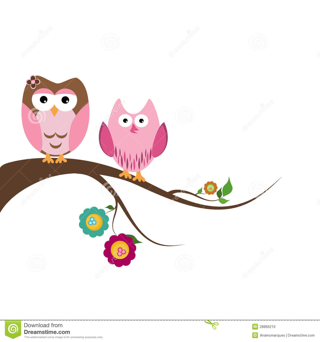 Two Beautiful Owls Sitting On The Tree Branch