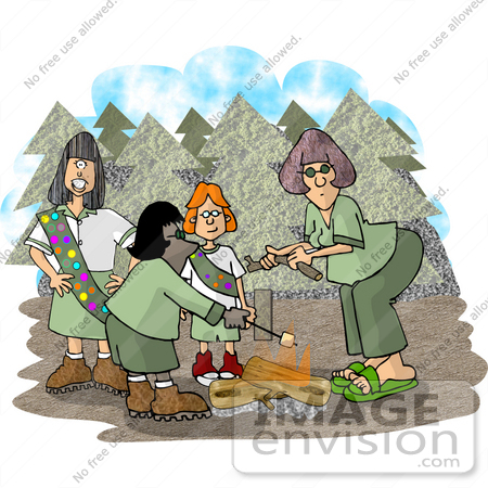 18525 Girl Scout Troop Roasting Marshmallows On A Campfire In The