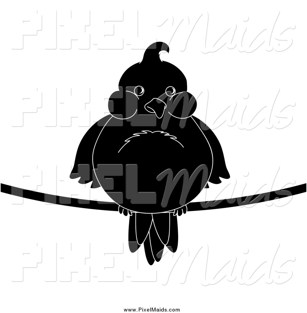 Of A Chubby Black And White Silhouetted Bird On A Wire By Pams Clipart