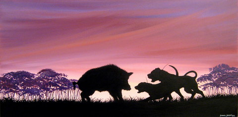 Sunset Stand Off   Nz Boar And Dogs Pig Hunting Art By Summer Weir Of