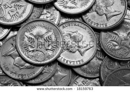 Closeup Of Australian 5 Cent Coins In Black And White    Stock Photo