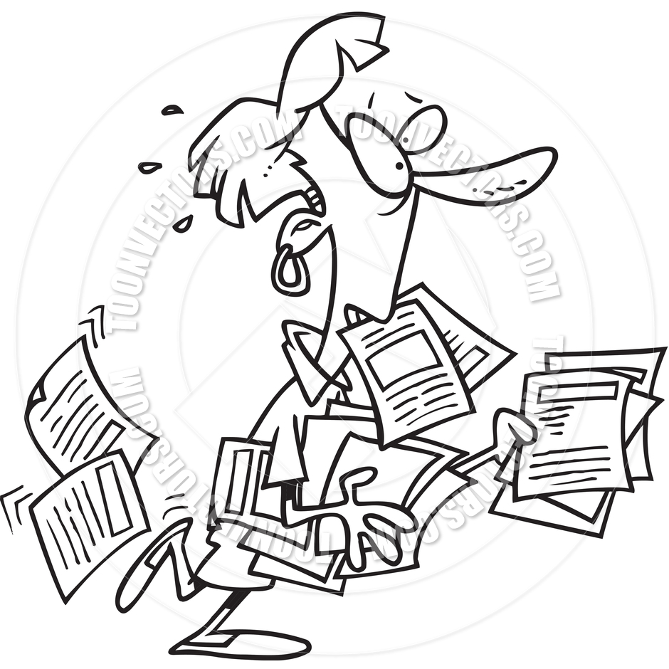 Cartoon Woman Overwhelmed By Paperwork  Black And White Line Art  By