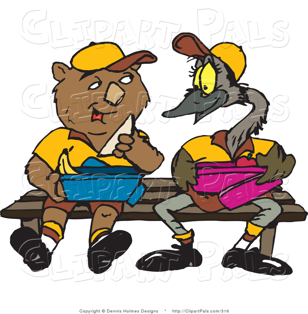 Pal Clipart Of A Brown Wombat And Emu Sitting On A Bench And Eating