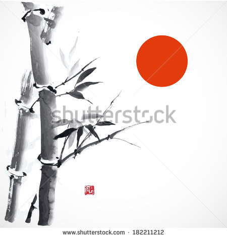 Card With Bamboo And Red Sun On White Background  Vector Illustration