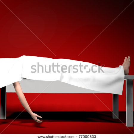 Corpse Under White Sheet On Autopsy Table Feet And One Arm Exposed