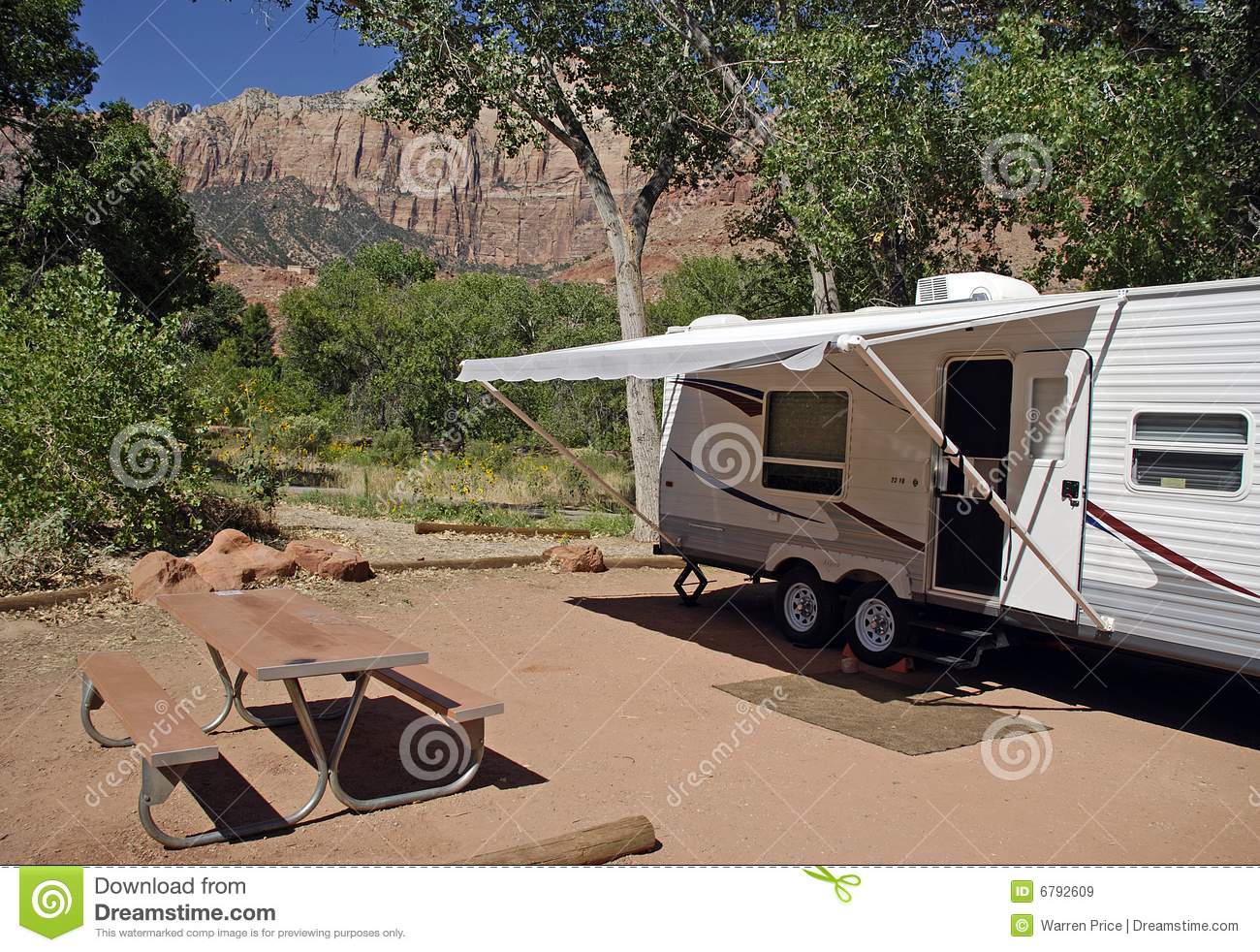 Camping Trailer  Rv  Parked In Watchman Campground Zion National Park