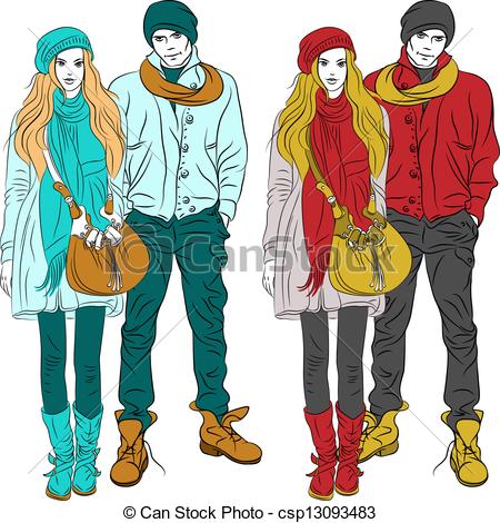 Vector   Vector Fashion Stylish Guy And Girl In Warm Clothes   Stock