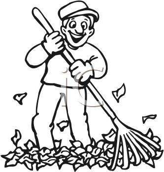 White Of A Happy Man Raking Up Leaves   Royalty Free Clipart Picture