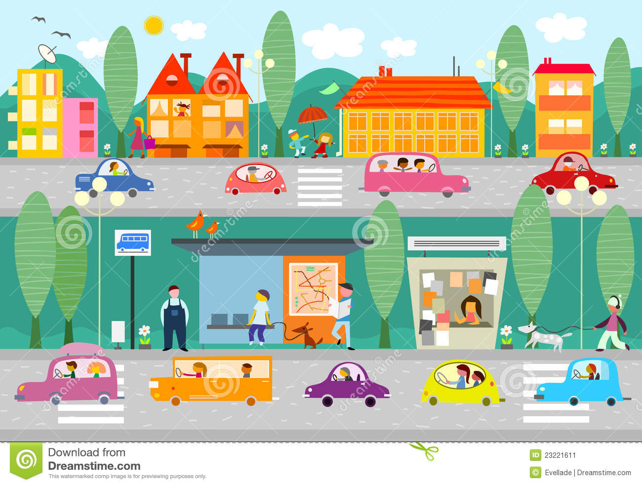 Illustration Of A Day Scene In A City With Bus Stop Cars People And