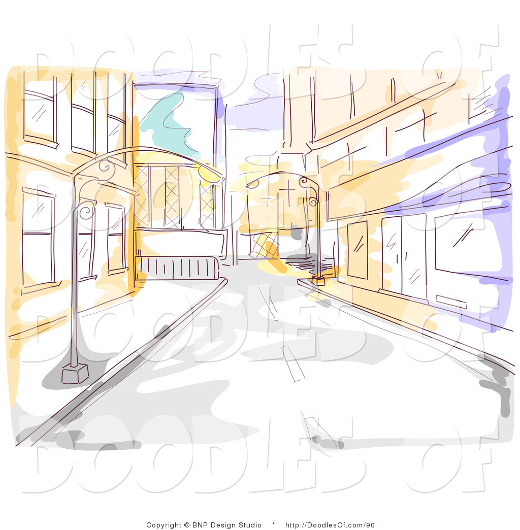 Vector Clipart Of A Yellow And Purple Watercolor And Sketched City