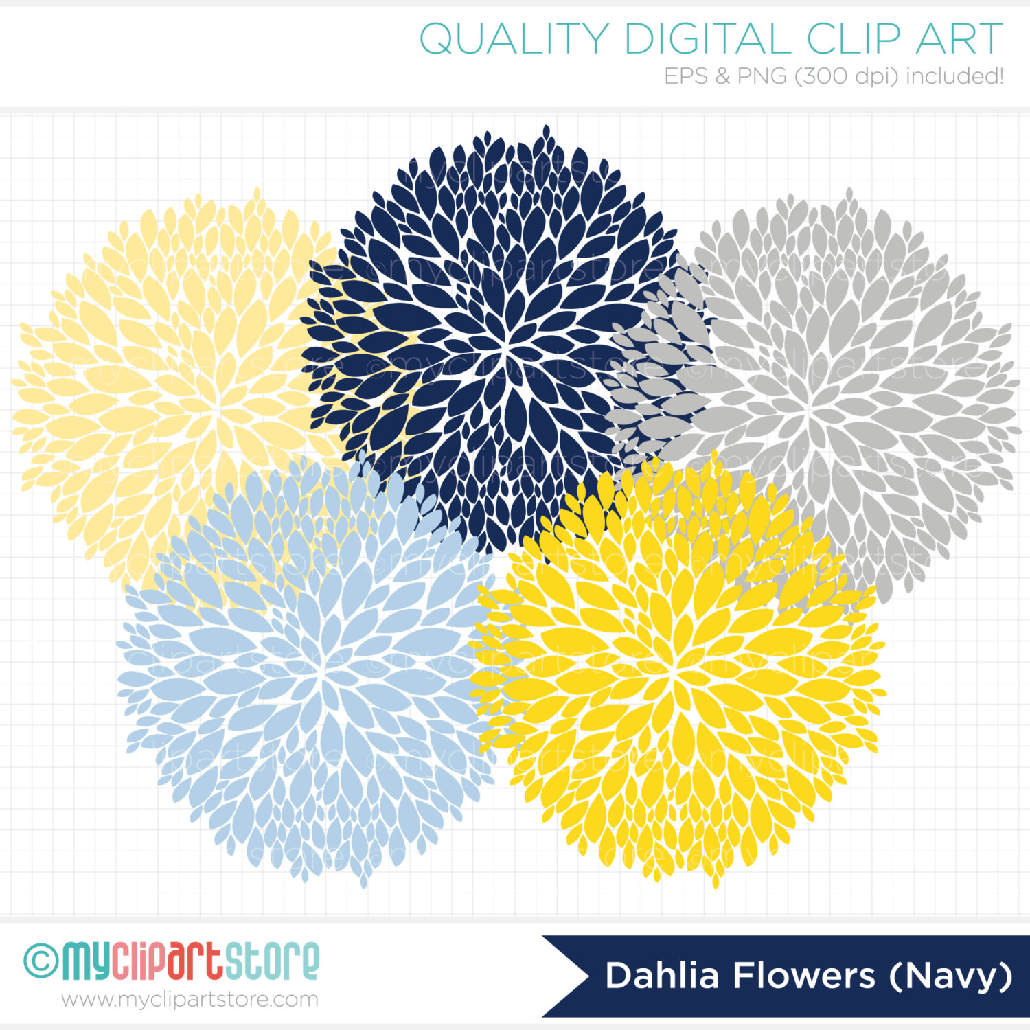 Dahlia Flowers Navy Blue Yellow Grey Clip Art   By Myclipartstore