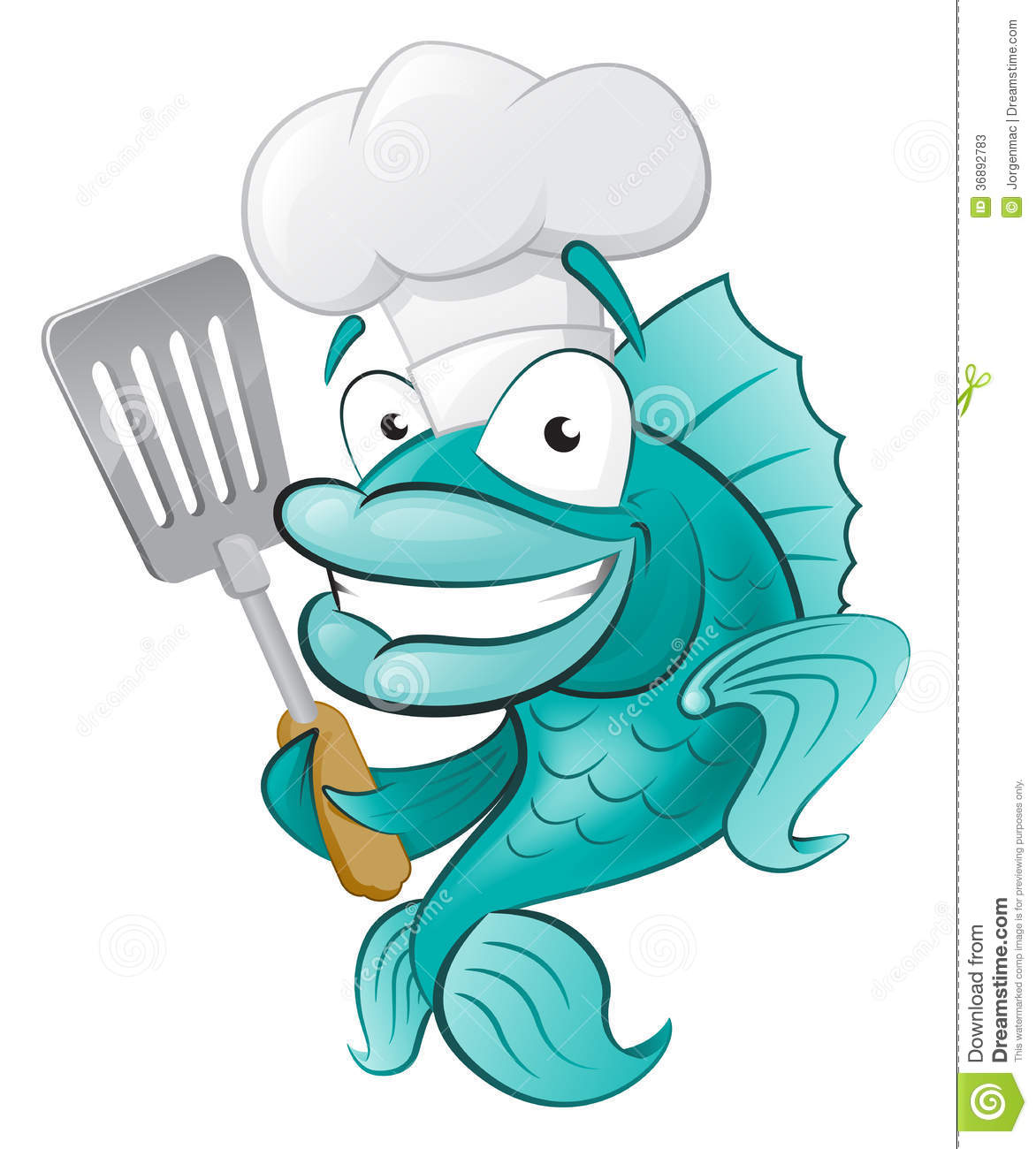 Great Illustration Of A Cute Cartoon Cod Fish Chef Holding A Frying