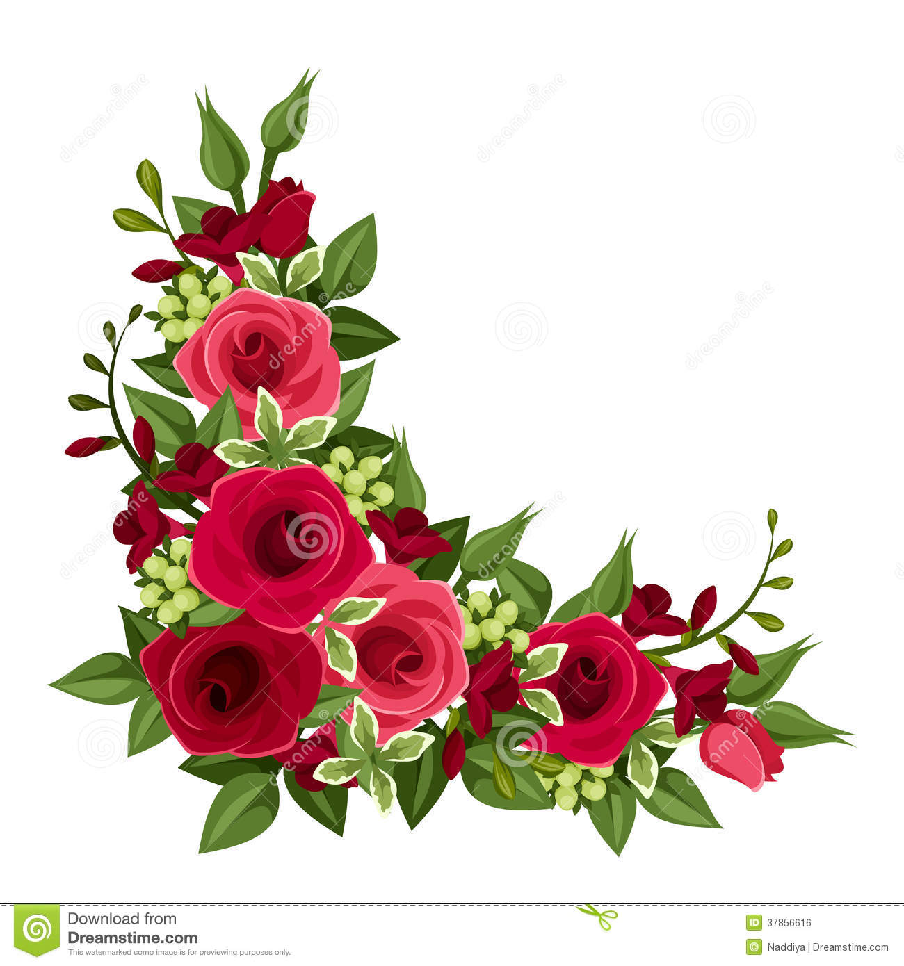 Corner With Red Roses Freesia And Green Leaves On A White Background