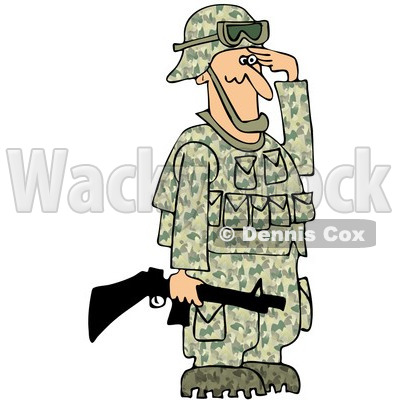 Of An Army Soldier Holding A Gun And Saluting   Royalty Free Clipart