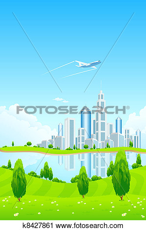 Clipart   City Landscape With Green Hills And Lake  Fotosearch