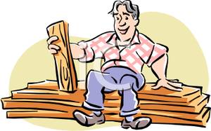 Pile Of Lumber Holding A Plank In His Hand   Royalty Free Clipart