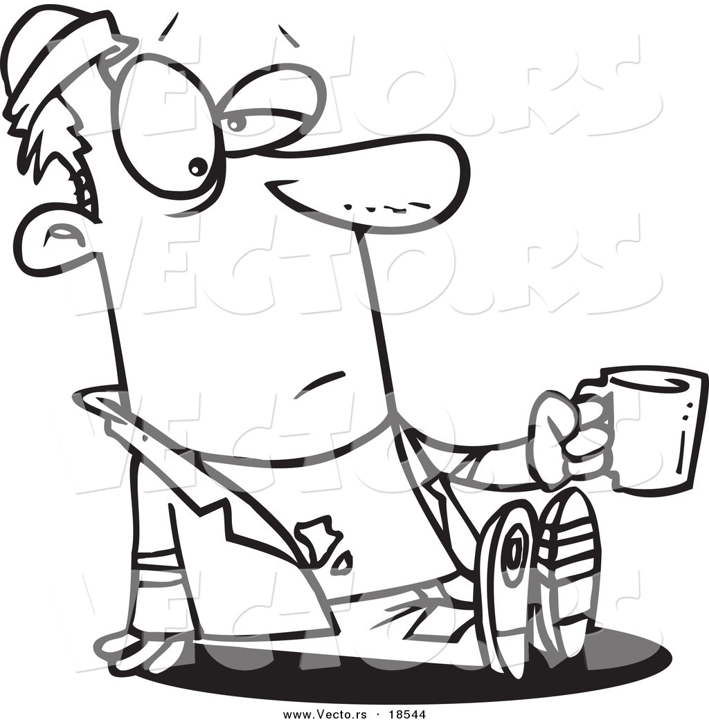 Vector Of A Cartoon Homeless Man Sitting And Holding A Cup   Outlined