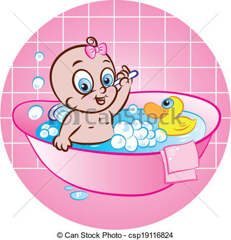 Vector Illustration Of Cute Baby Girl Taking Bath In Tub