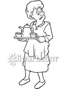 Black And White Grandma Carrying A Tray Of Tea   Royalty Free Clipart