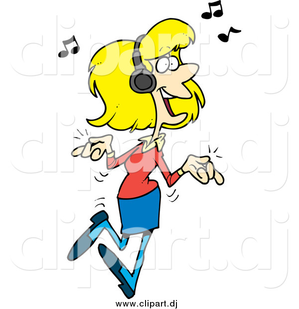 Cartoon Vector Clipart Of A Blond White Woman Dancing And Listening To