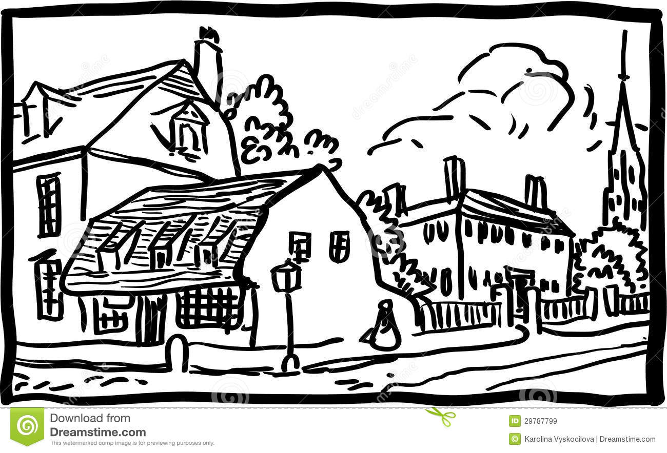 Village Landscape   Black And White Vector Illustration