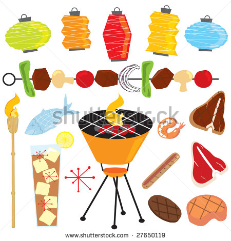 Party With Tiki Torch Lanterns Shish Kabob Drink Fish And Meats