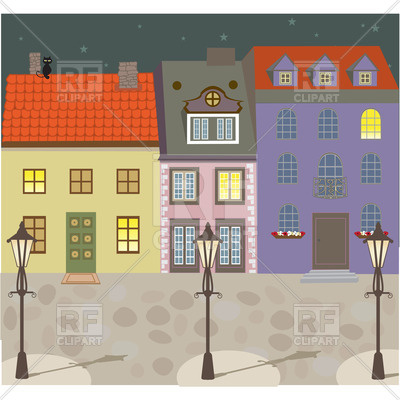 Old European Street With Street Lights Paving Blocks And Tiled Houses