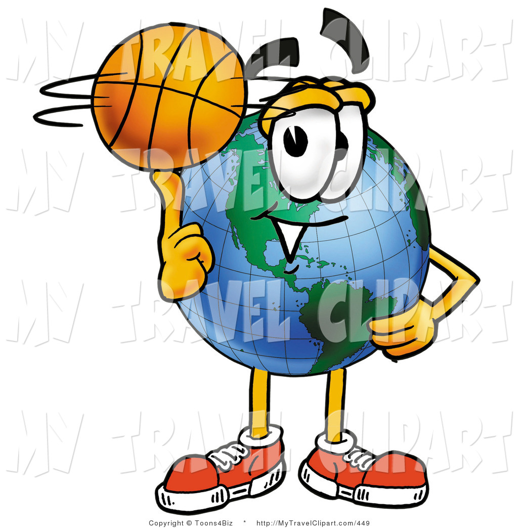 Globe Mascot Cartoon Character Spinning A Basketball On His Finger