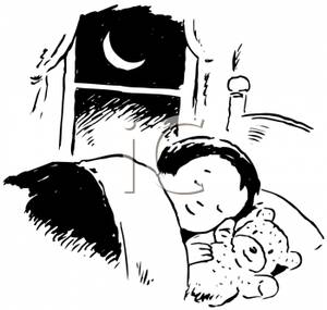 Clip Art Image  Black And White Girl Sleeping With Her Teddy Bear