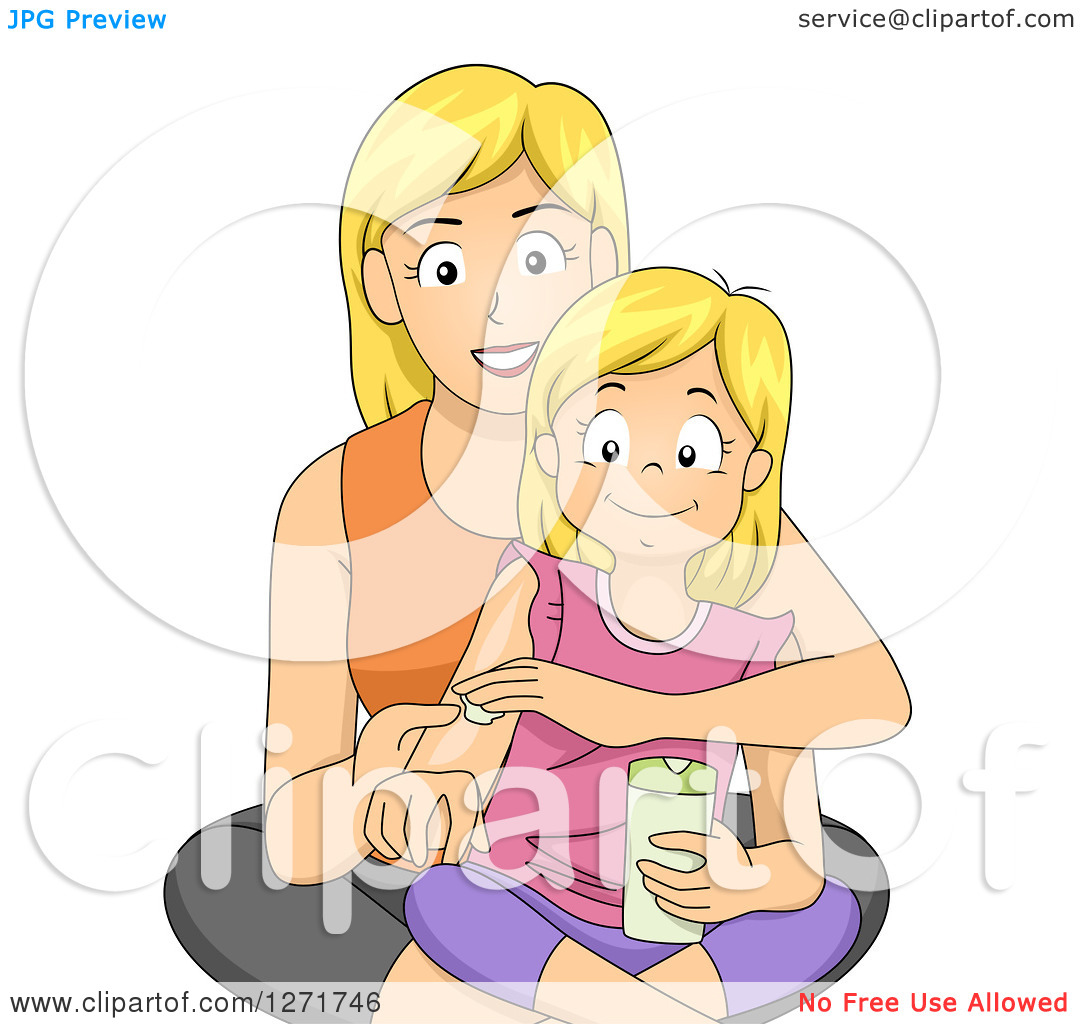 Clipart Of A Happy Blond White Mother Teaching Her Daughter About Skin