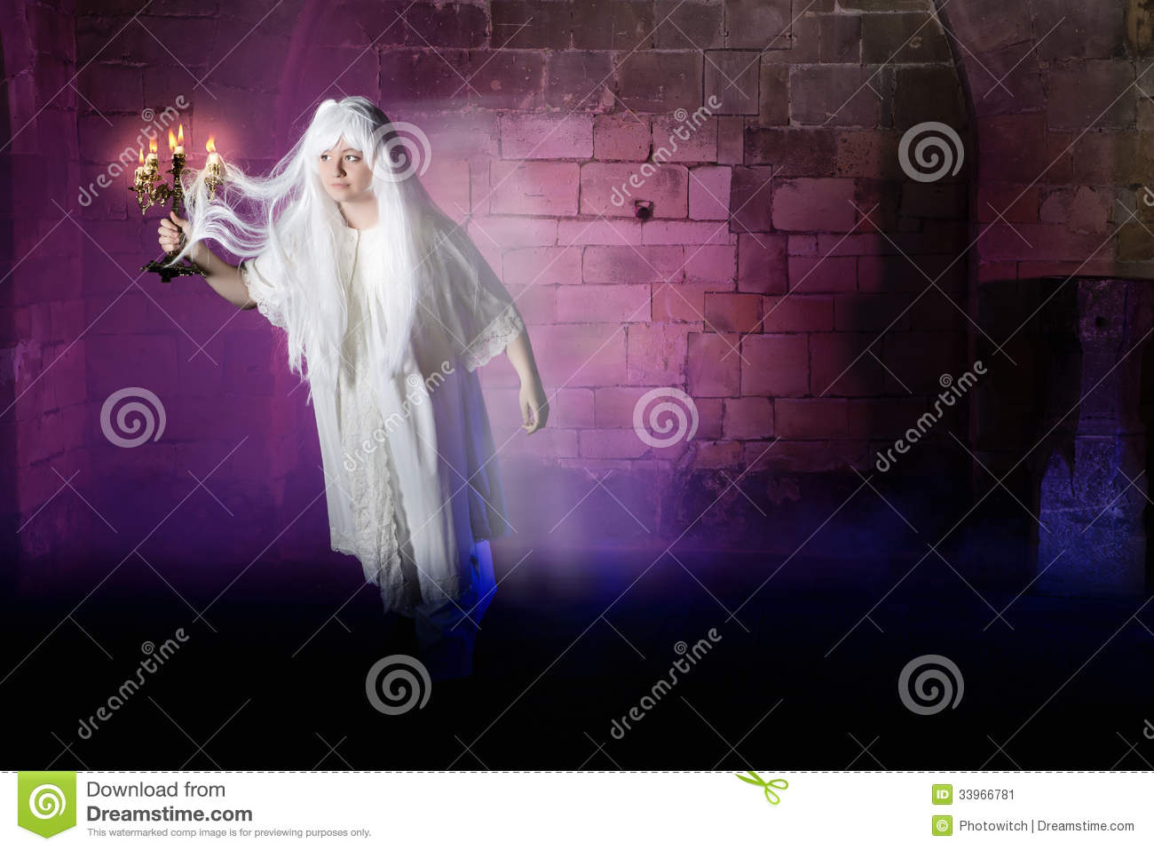 Pale Woman In Nightgown Sleepwalking Or A Ghost In A Medieval Castle